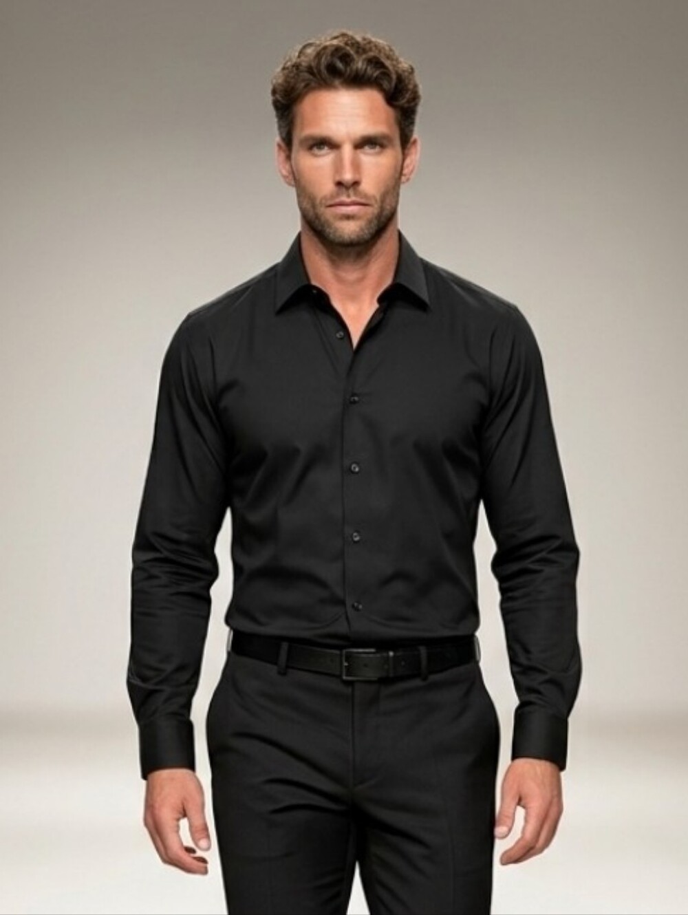 Men's Black Long-Sleeve Dress Shirt - Classic Button Front Size 2X